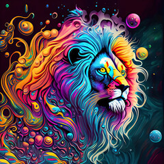 swirling colors with bubbles and droplets forming the image of a lion white background