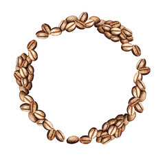 watercolor wreath of coffee beans, round frame with coffee theme, hand drawn illustration of brown arabica isolated on white background