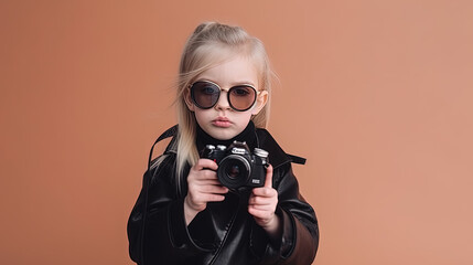 A young girl holding a camera. Generative AI