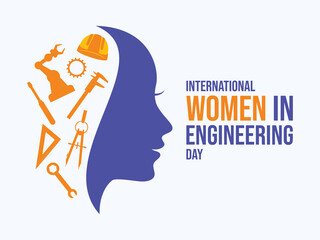 International Women in Engineering Day vector illustration. Woman face in profile purple silhouette vector. Woman engineer symbol. Female engineer graphic design element. June 23. Important day