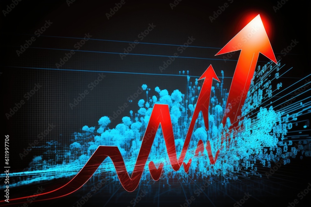 Poster highly rendering of business graph in abstract background with arrow pointing up