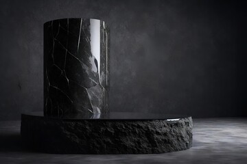 Black marble podium on dark concrete background