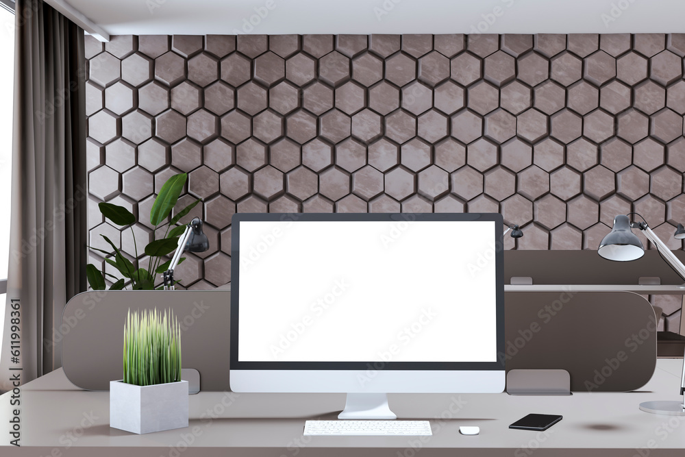 Poster close up of creative designer office interior with wall, empty white computer screen and other items