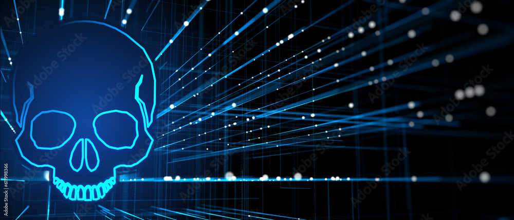 Aufkleber Abstract wide dark blue digital mesh background with glowing skull icon. Hacking and data theft concept. 3D Rendering.