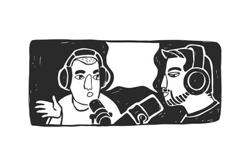 Vector hand-drawn illustration with two mans with headphones and microphones. Sketch with cartoon characters leading podcast.