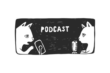 Vector hand-drawn illustration with two funny cats with microphones. Cute cartoon characters leading podcast.