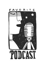 Vector hand-drawn illustration of a face  with microphone. Logo for the podcast. Radio host in the studio.