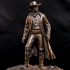 A vibrant bronze statue of a cowboy stands tall, arms crossed, surveying the area. - generative ai.