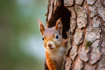 Curious red squirrel peeking behind the tree trunk - obrazy, fototapety, plakaty