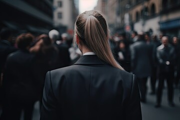 Fototapeta premium Urban professional. Young businesswoman walking on city street. Modern woman in a suit on blur busy streets background