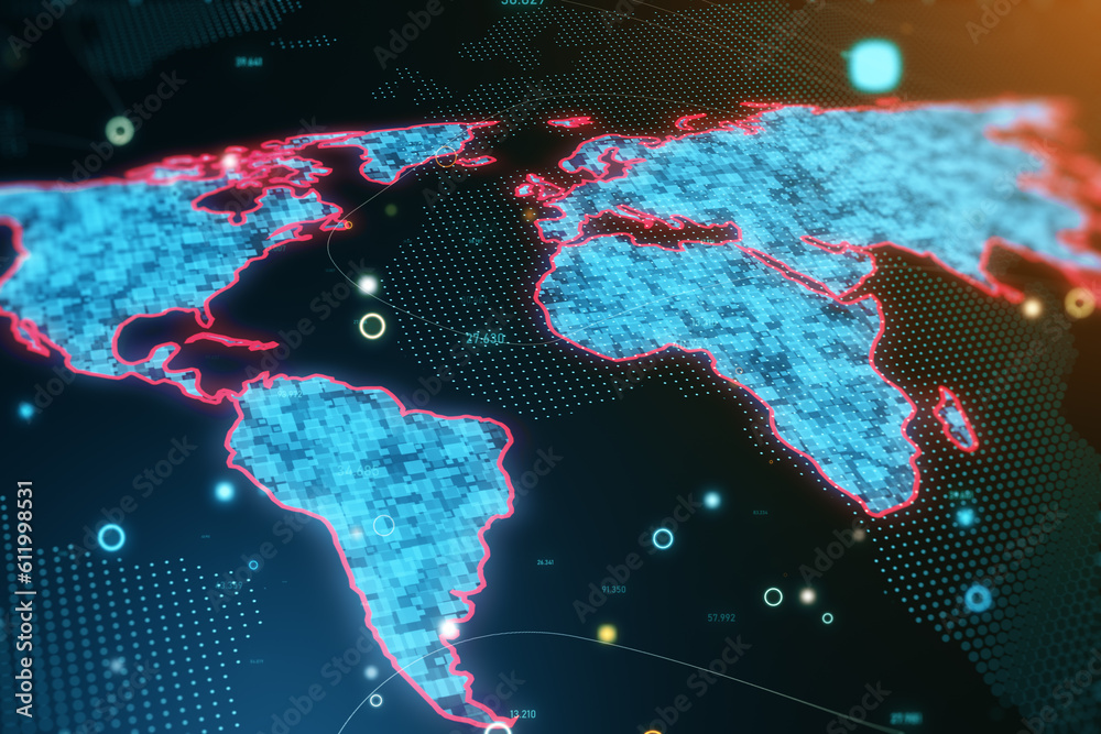 Poster Global communication network and data exchange concept with perspective top view on blue glowing pixel world map with red contour on dark technological background with data visualization. 3D rendering
