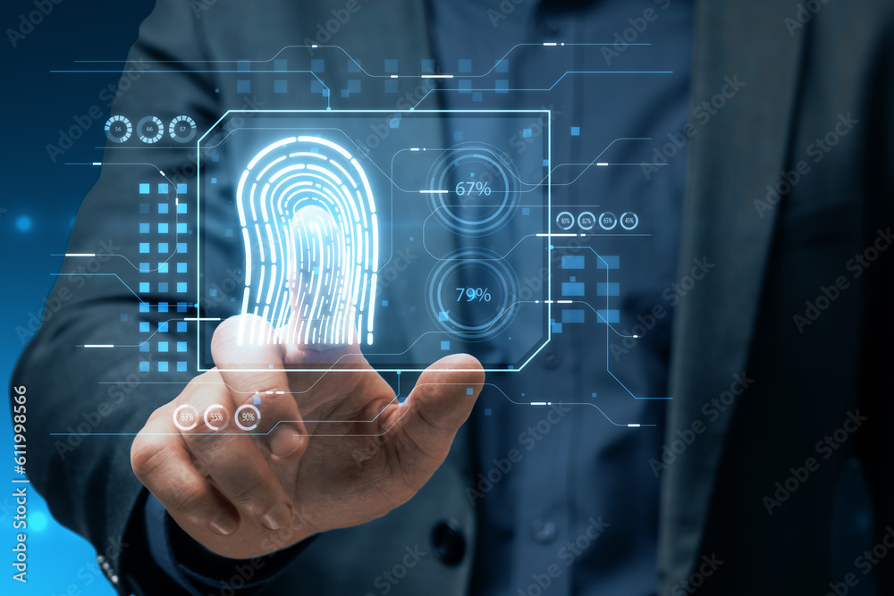 Aufkleber Internet security and biometric identification concept with man hand on hologram touch screen with digital fingerprint and private information indicators background
