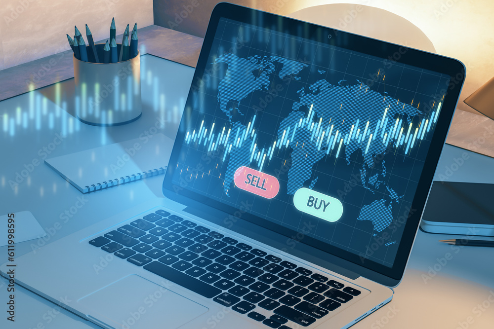 Aufkleber close up of notebook at workplace with glowing blue sell and buy buttons, map and candlestick forex 