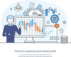 Professional trader analyzing stock market profit. Businessman buying, selling shares of company for profit. Global stock market index, forex trading strategy thin line design of vector doodles
