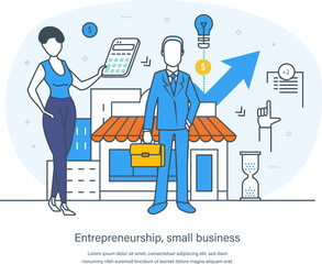Entrepreneurship, startup, small business and self-employment business concept. Entrepreneur standing at entrance of small shop or cafe. Support of small business thin line design of vector doodles