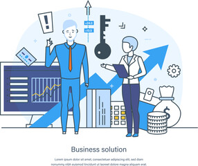 Business solution, creative thinking process to solve problems. Successful strategy development, analysis, innovative ideas, business decision, management, planning thin line design of vector doodles