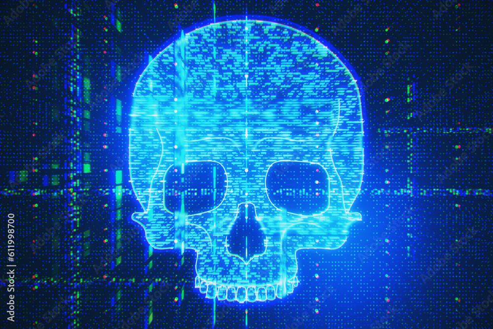 Poster abstract glowing digital blue glitch skull hologram on dark background. virus, crime and hacking con