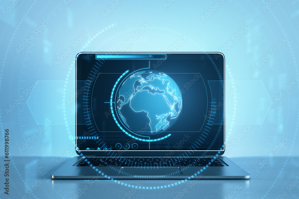 Poster close up of laptop with creative glowing blue map or globe hologram on blurry workplace background. 