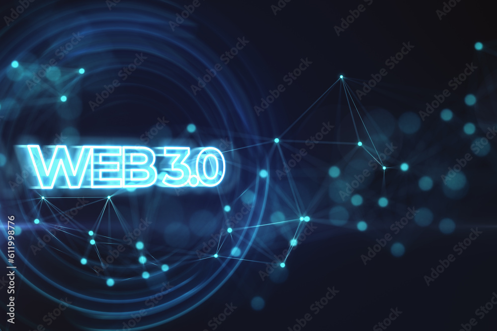 Poster futuristic technology and innovation background with web 3 glowing sign on dark blue background. 3d 