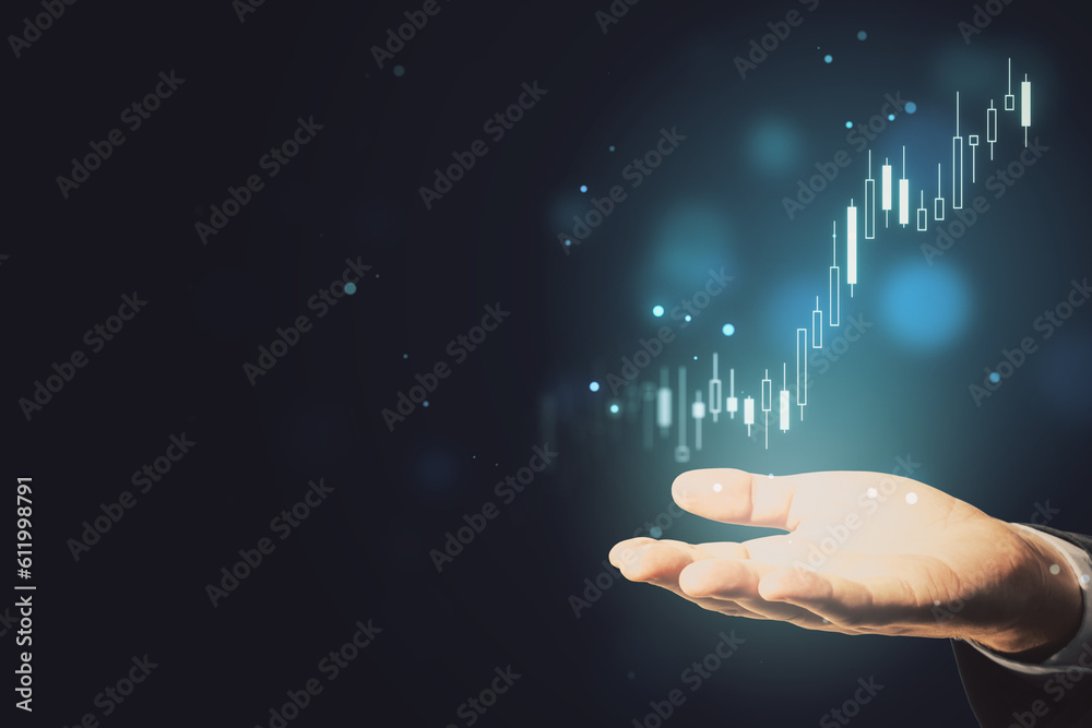 Poster close up of businessman hand holding glowing candlestick forex chart index on blurry dark bokeh back