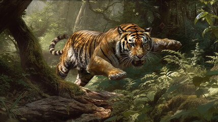 Tiger chasing prey in wide forest, Generative Ai
