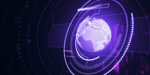 Creative glowing purple map or globe hologram on dark backdrop. Earth, metaverse and technology concept. 3D Rendering.