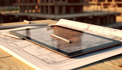 Architect workplace with digital tablet and blueprints.