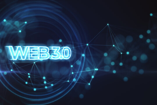 Futuristic technology and innovation background with web 3 glowing sign on dark blue background. 3D Rendering