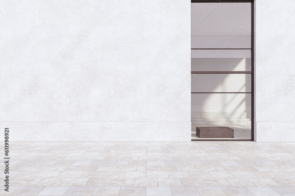 Poster creative glass showcase in concrete building exterior with mock up place on wall. shop and retail co