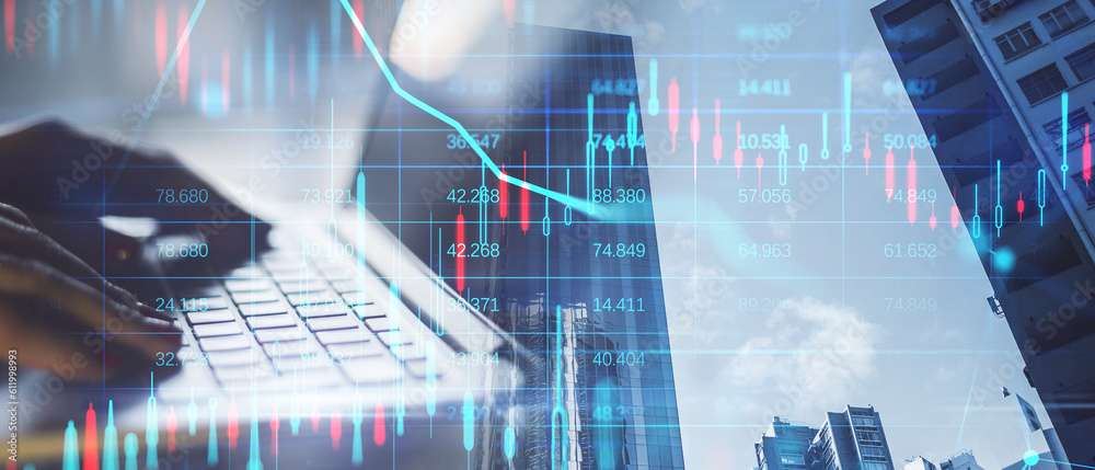 Poster close up of female hands using laptop on abstract wide city background with forex chart and grid. fi