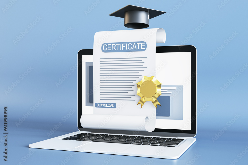 Poster online education, e-learning and courses concept with perspective view on qualification certificate 