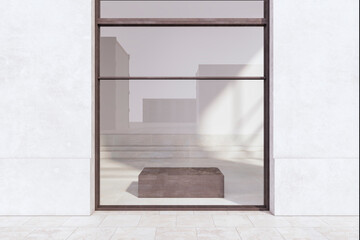 Clean glass showcase in concrete building exterior. Shop and retail concept. 3D Rendering.