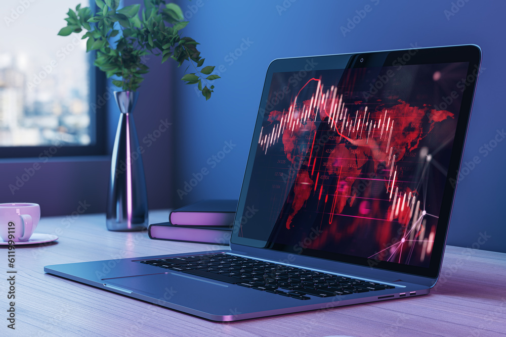Poster stock market crash analyzing and global economy crisis concept with perspective view on falling cand