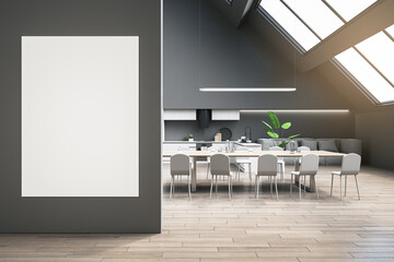 Modern loft kitchen interior with blank white mock up banner on wall, window and daylight, wooden flooring, furniture and dining table. 3D Rendering.