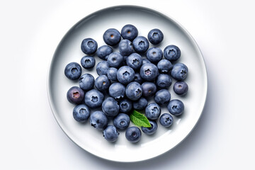 Blueberry on white plate. White background. Generative AI