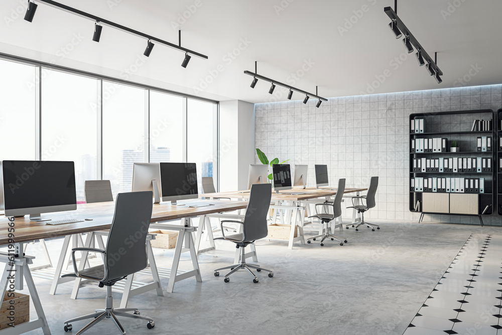 Poster modern light open space office interior design. 3d rendering