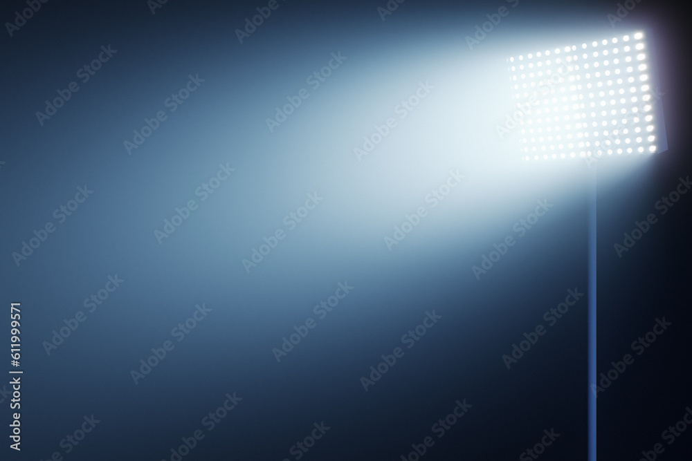 Poster glowing stadium light on blue foggy background. 3d rendering