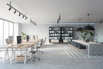 Modern coworking office interior. 3D rendering - obrazy, fototapety, plakaty