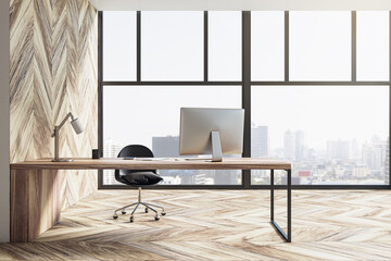 Fototapeta premium Contemporary office interior with wooden flooring, equipment, furniture and panoramic window with city view. 3D Rendering.