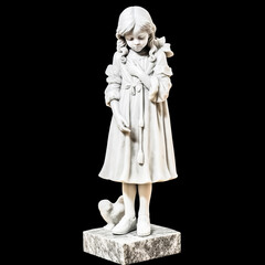 A sculpture of a young girl made from marble stands majestically against an illuminated backdrop. - generative ai