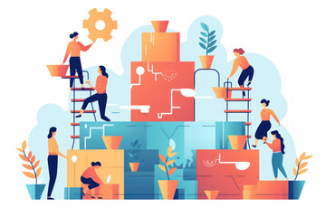 A group of people work together as team work concept flat illustration background.