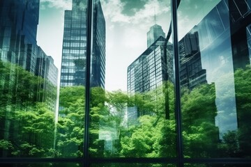 Double exposure of lush green forest and modern skyscrapers windows of building. Green city concept.