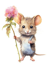 Cute little mice holding a flower. Watercolor. Birthday card. Generative AI.