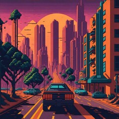 Nostalgic Pixel Drive: Cruising through the Vibrant 90s Cityscape