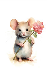 Cute little mice holding a flower. Watercolor. Birthday card. Generative AI.