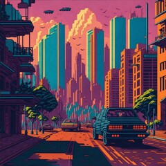 Neon Dreams: Cruising Through Time in a 90s Pixel Paradise