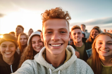 International youth day. Teenagers, happy and cheerful, smiling and laughing, together, young and funny. Entertainment for young people. Teens make the future. Generative AI