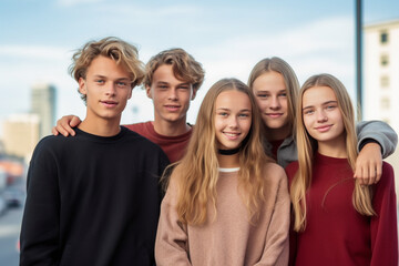 Obraz premium International youth day. Teenagers, happy and cheerful, smiling and laughing, together, young and funny. Entertainment for young people. Teens make the future. Generative AI
