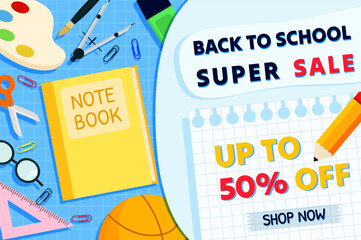 Back to school sale horizontal template with school items.