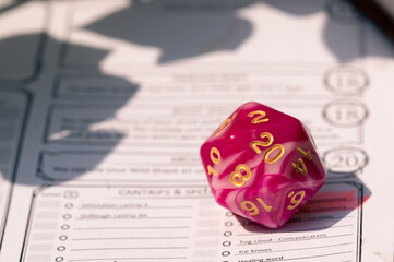 close-up of a pink d20 on a character sheet